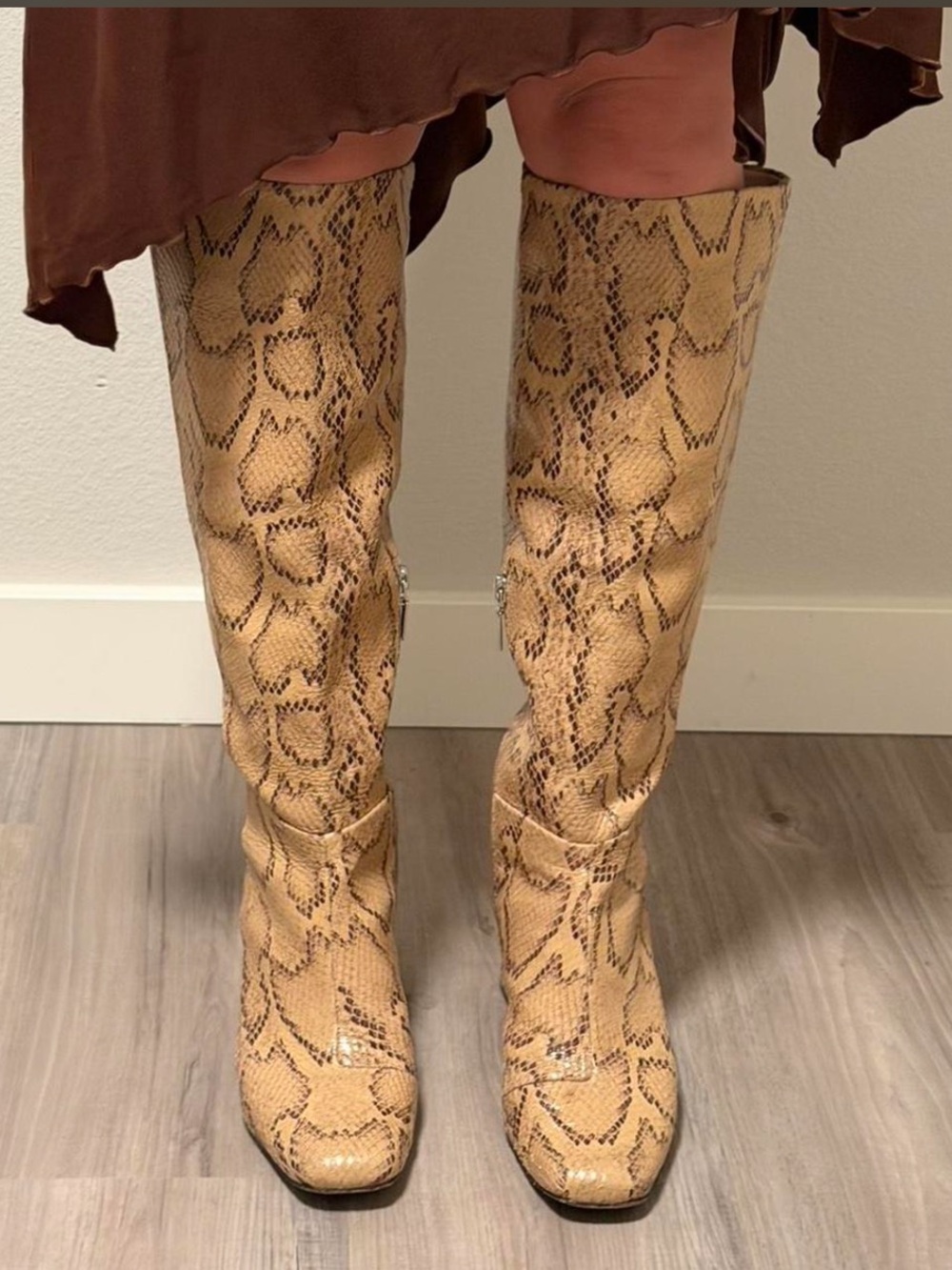 SCHUTZ Tan Snake-Print Knee High Heeled Boots